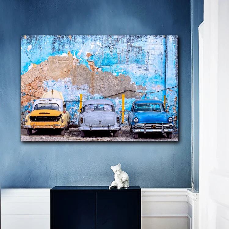 Vintage Car and Blue Wall Canvas Art – Still Life Print for Home, Restaurant Wall Decoration