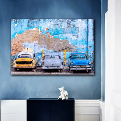 Vintage Car and Blue Wall Canvas Art – Still Life Print for Home, Restaurant Wall Decoration