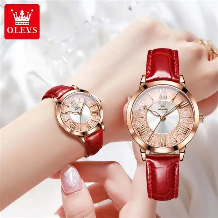 OLEVS 5539 Women's Casual Quartz Wristwatch – High-Quality Waterproof Watch with Genuine Leather Strap Laure