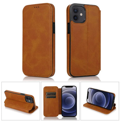 Retro PU Leather Flip Wallet Phone Case | Multi-Card Holder Magnetic Cover for iPhone 11, 12, XS, SE, 7, 8