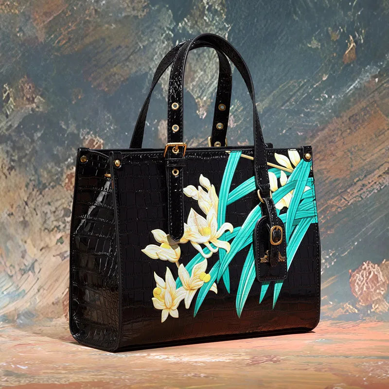 Women's Square Tote Handbag with Fashionable Floral Print, Adjustable Handle, and Zipper Closure Caterina