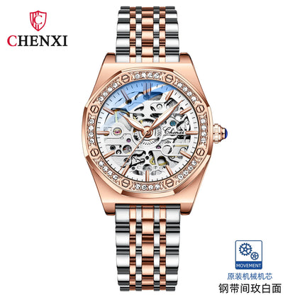 CHENXI Women’s Skeleton Diamond Automatic Watch | 8848 Luxury Stainless Steel Mechanical Wristwatch – Waterproof Bracelet for Girls & Women