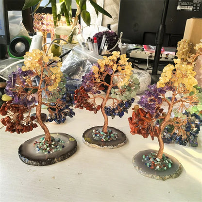 15-16cm 5 Chakra Crystal Money Tree with Agate Coaster – Natural Gemstone Chips for Decor & Energy Balance