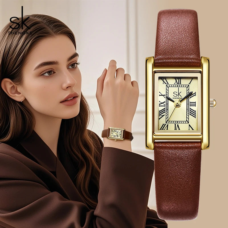 Shengke Women's Minimalist Square Watch – Elegant Ladies Quartz Wristwatch with Silver and Gold Alloy Band for Girls