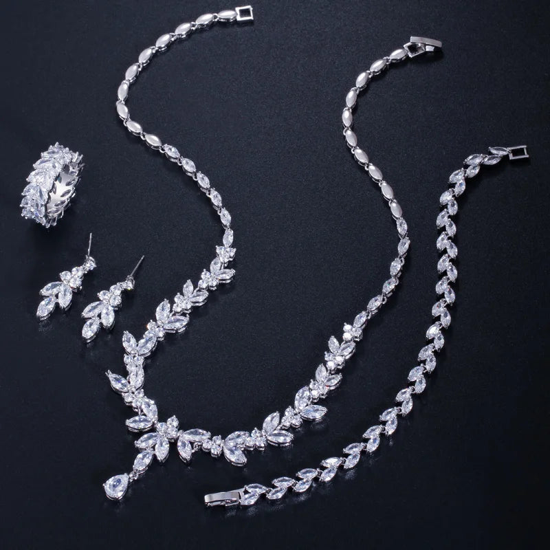 4pcs Delicate Leaf-Shaped Cubic Zirconia Jewelry Set – Drop Earrings, Necklace, Bracelet & Ring | Luxury Dubai Bridal Wedding Jewelry for Women Adela