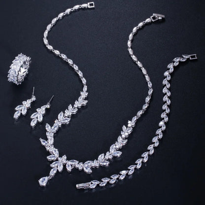 4pcs Delicate Leaf-Shaped Cubic Zirconia Jewelry Set – Drop Earrings, Necklace, Bracelet & Ring | Luxury Dubai Bridal Wedding Jewelry for Women Adela