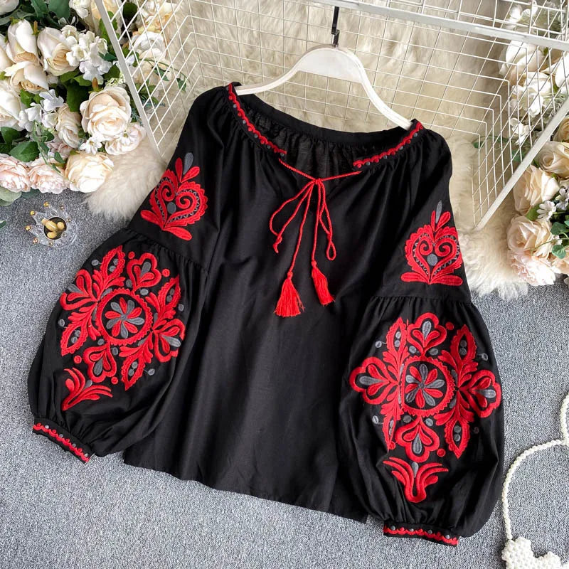 Women Blouse Retro National Style Bohemian Embroidery Lace up Tassel V-neck Lantern Sleeve