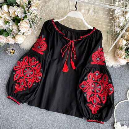 Women Blouse Retro National Style Bohemian Embroidery Lace up Tassel V-neck Lantern Sleeve