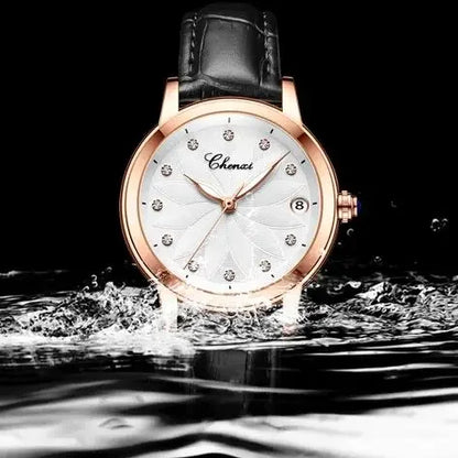 CHENXI 8833 Women's Luxury Automatic Mechanical Watch - Genuine Leather, Diamond Dial, Waterproof, Luminous Calendar