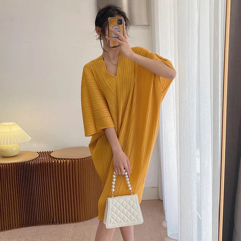 Summer Pleated V-Neck Dress | Miyake Style Mid-Length Loose Fit Plus Size Casual Women's Clothing Stella
