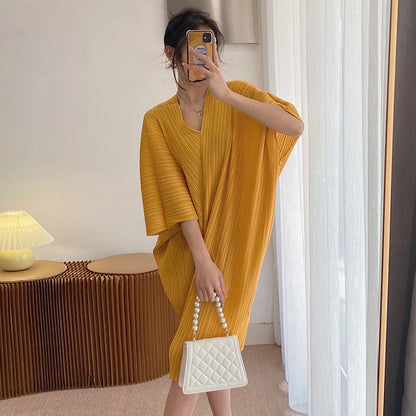 Summer Pleated V-Neck Dress | Miyake Style Mid-Length Loose Fit Plus Size Casual Women's Clothing Stella