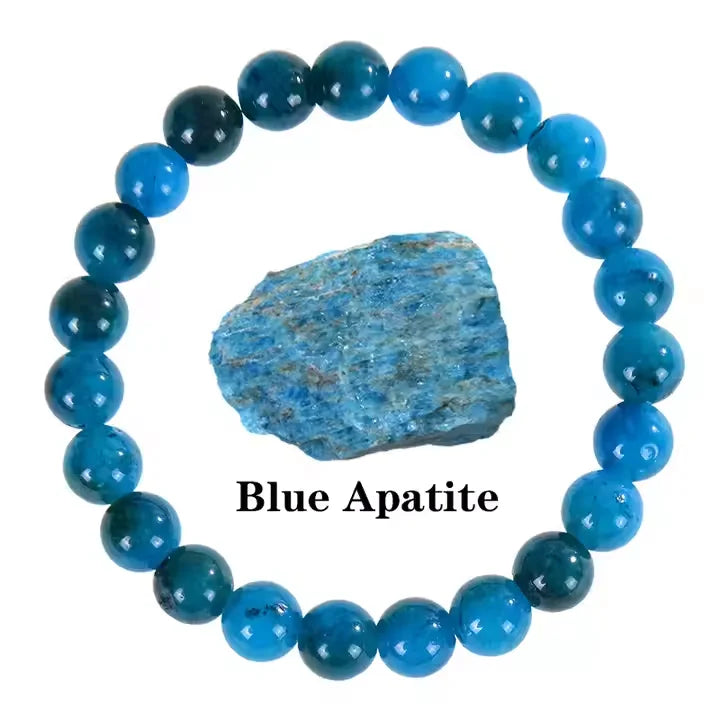 8mm Blue Apatite Natural Stone Beaded Bracelet | Handmade Geometric Elastic Crystal Jewelry for Health & Wellness Elysia