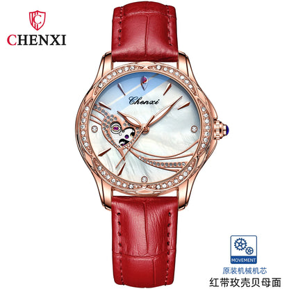 CHENXI 8837 Women's Luxury Diamond Skeleton Watch - Automatic Mechanical Stainless Steel Waterproof Timepiece