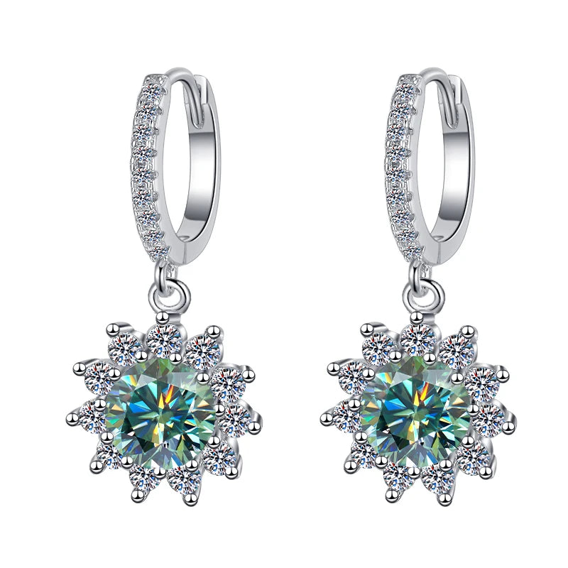 Fine Jewelry | Flower Shape S925 Sterling Silver Moissanite Earrings | 1Ct/0.5Ct Blue & Pink Stud and Hoop Design | GRA Certified Pamela