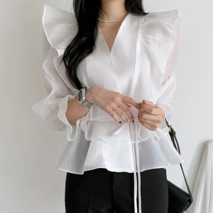 Spring and Summer Women's V-Neck Blouse – Tie Ruffle Design, Flared Sleeves, Solid Color