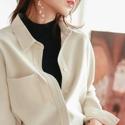 Women's Long Sleeve Corduroy Shirt – Lapel Collar Single-Breasted Button-Up Blouse with Pockets Stella