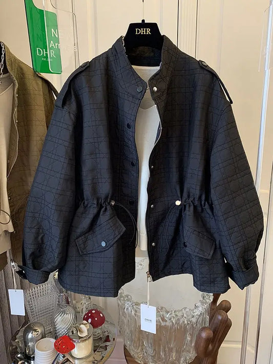 Women’s Autumn Premium Windbreaker Coat – Stand Collar, Drawstring Waist, Quilted Lingge Design