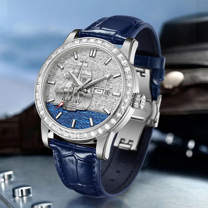 HANBORO Men’s Automatic Mechanical Watch – Smooth Sailing Series, Sailboat Design, Calendar Display Maedric