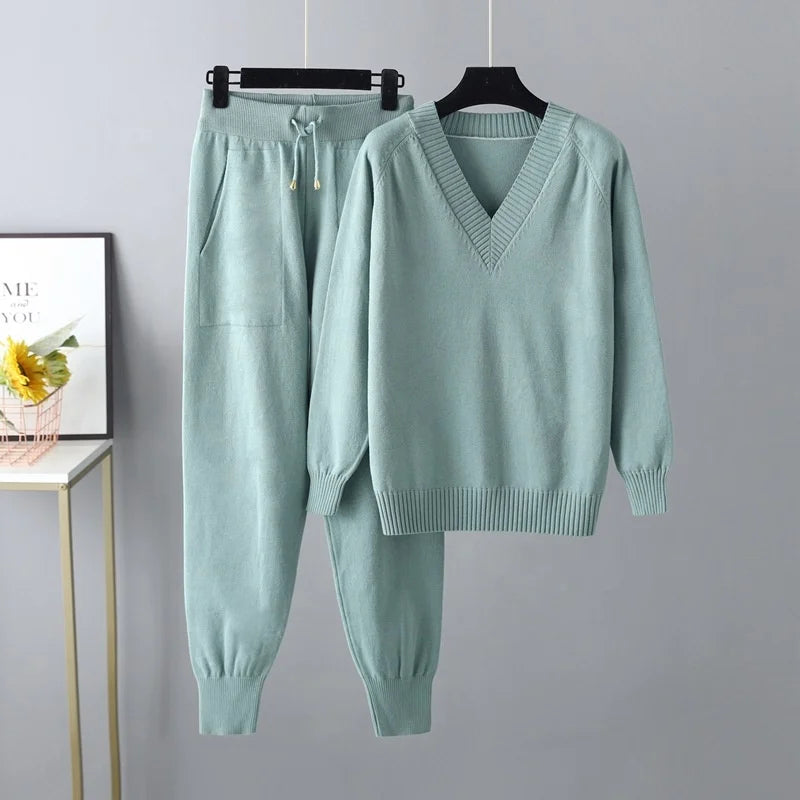 Autumn & Winter Women's Sweater Two-Piece Set – Casual Knit Jumper and Harun Pants Outfit Harlene