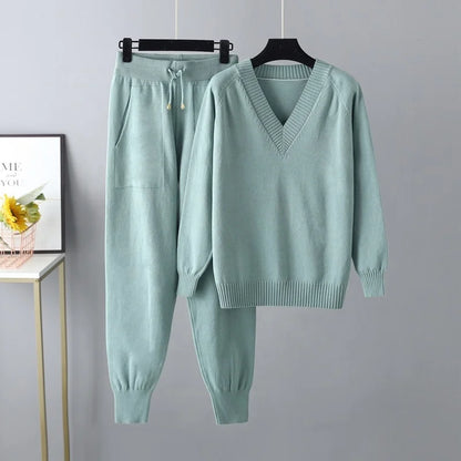 Autumn & Winter Women's Sweater Two-Piece Set – Casual Knit Jumper and Harun Pants Outfit Harlene
