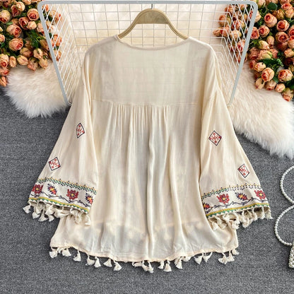 Women's Bohemian Ethnic-Style Loose Embroidered Tassel Top – Seaside Vacation Sun Protection Shawl Shirt