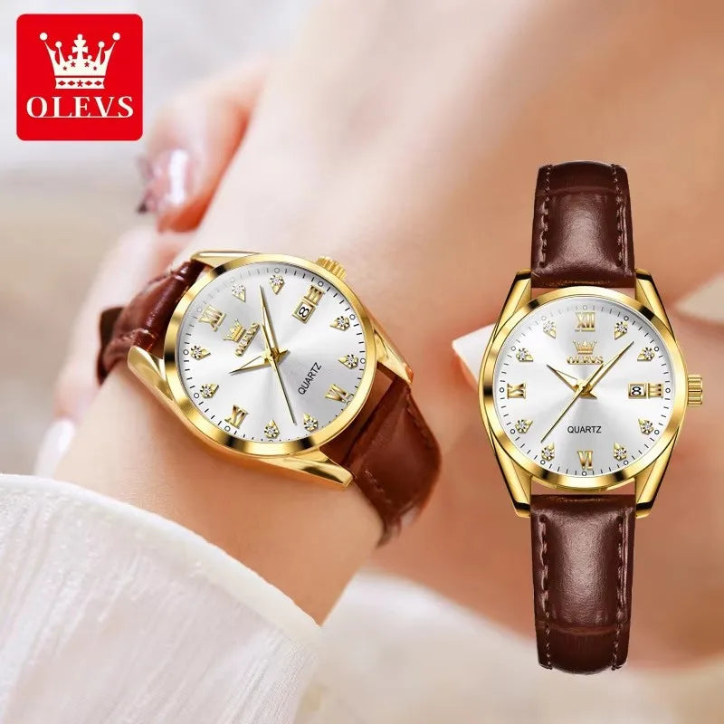 OLEVS 5522 Women's Luxury Wristwatch – Simple Dial, Date Calendar, Leather Strap, Waterproof & Luminous Design Rhoda