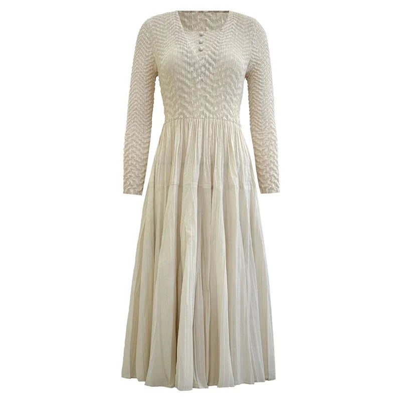 Smocked Dress Casual Slim Fit Long Sleeve Embossed Pleated Elegant Dress