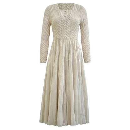 Smocked Dress Casual Slim Fit Long Sleeve Embossed Pleated Elegant Dress