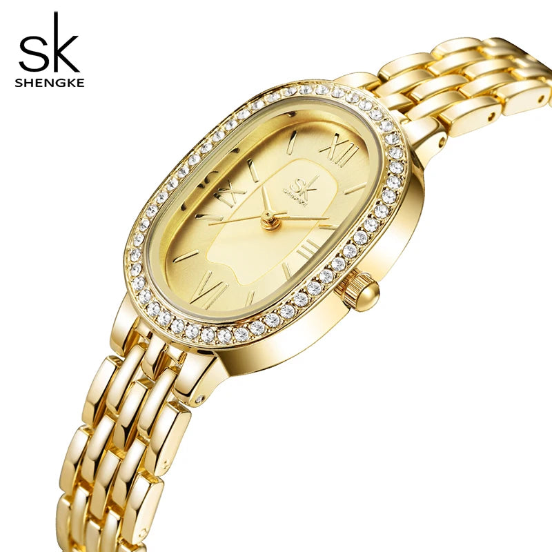 Shengke Women's Luxury Oval Crystal Watch – Elegant Diamond-Accented Fashion Wristwatch with Alloy Bracelet for Girls and Women