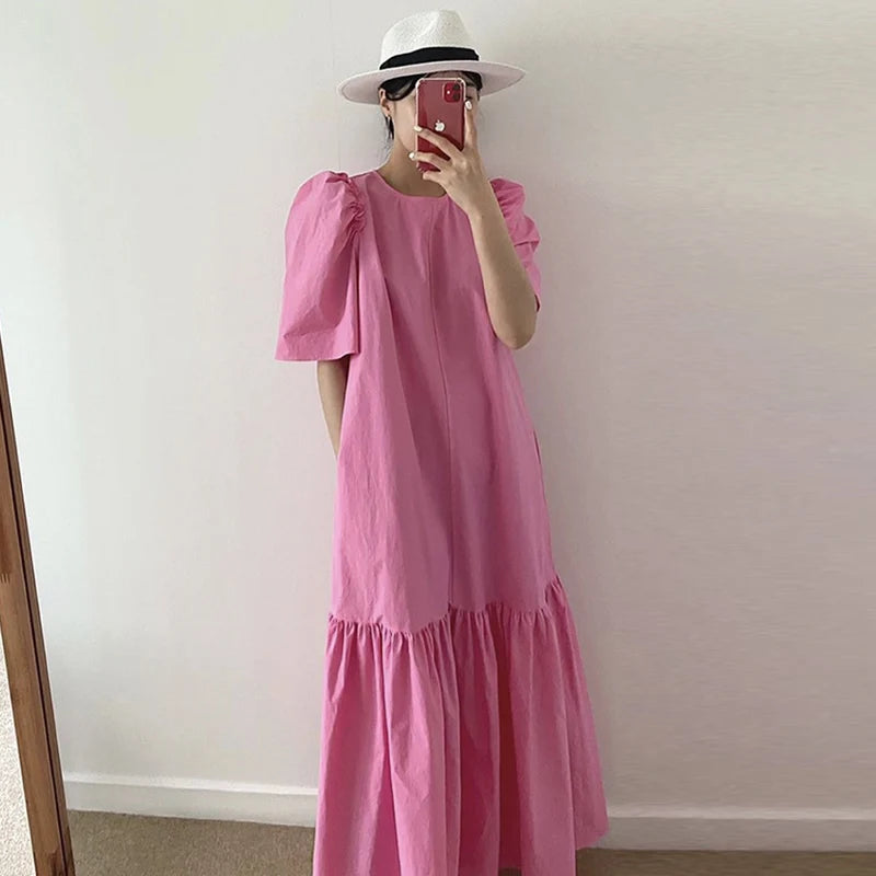 Casual Women's Cotton Dress – Round Neck, Korean Style, Puff Sleeves, and Ruffled Solid Color Design Alexia