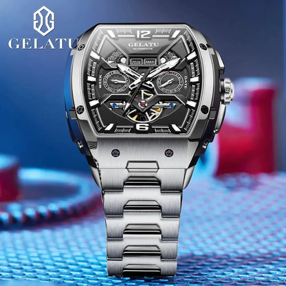 Gelatu 6013 Luxury Men's Skeleton Watch – Stainless Steel Automatic Mechanical Wristwatch