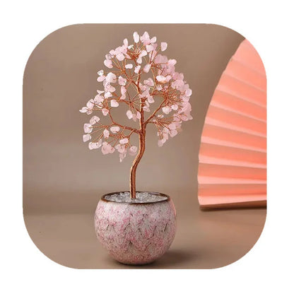 Natural Healing Rose Quartz Crystal Money Tree – DIY Decoration Ornament with Copper Wire and Ceramic Bowl Base