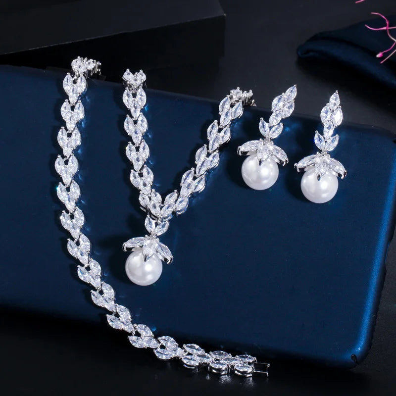 3pcs Silver Marquise-Cut Cubic Zirconia Jewelry Set – Big Pearl Drop Earrings, Bracelet & Necklace for Ladies Lisette