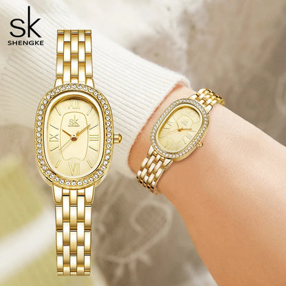 Shengke Women's Luxury Oval Crystal Watch – Elegant Diamond-Accented Fashion Wristwatch with Alloy Bracelet for Girls and Women