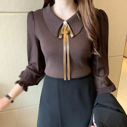 Women's Knitted Pullover – Long Puff Sleeve Doll Collar Spring Sweater with Lapel Ribbon Daiy