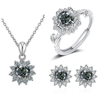 S925 Sterling Silver Stud Earrings & Pendant Set | 1 Carat Moissanite Necklace | Classic Sunflower Design | Perfect Valentine’s Day Gift Serafina