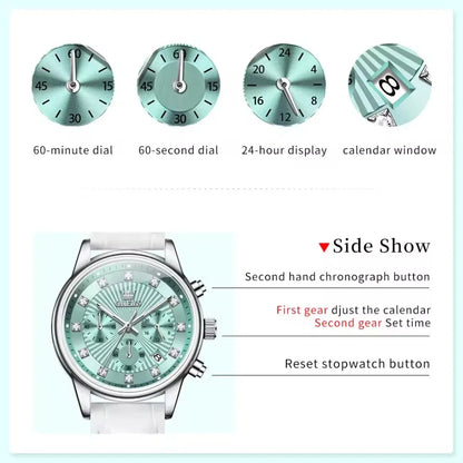 OLEVS 3669 Women's Quartz Watch – Multifunctional Elegant Wristwatch with White Leather Band, Calendar, and Luminous Hands – Perfect Gift for Ladies