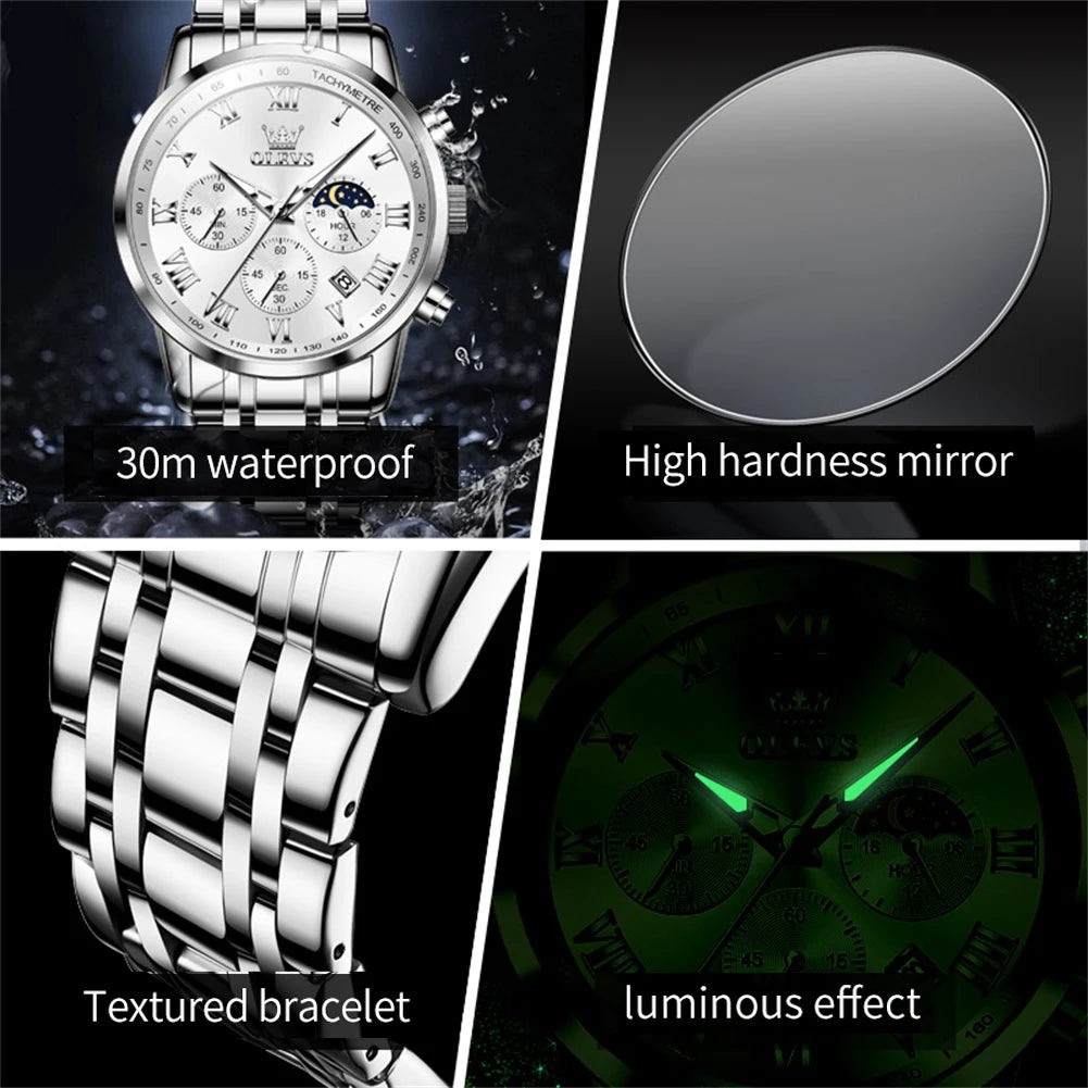 OLEVS 5529 Chronograph Watch – Waterproof Stainless Steel Luminous Sports Watch for Men