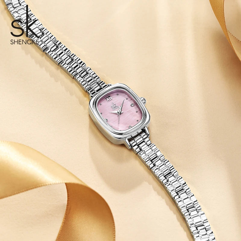 Shengke Women's Luxury Pink Pearl Dial Watch – Elegant Square Case Quartz Wristwatch, Minimalist Ladies Gift for Women