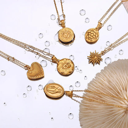 Vintage 18K Gold Titanium Steel Pendant Necklace – Retro Fashion Jewelry for Women