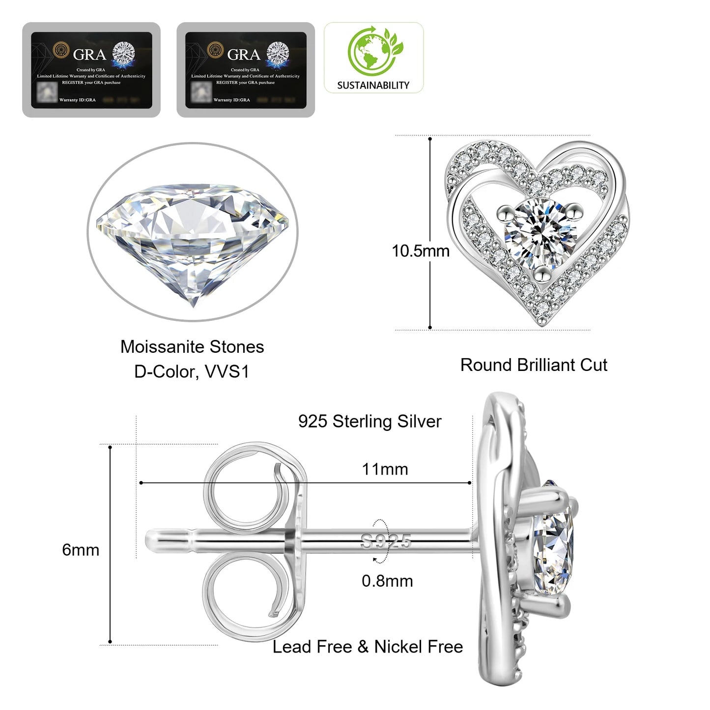 Moissanite Heart Stud Earrings – VVS1 GRA Certified Lab‑Created Diamond, 925 Sterling Silver with 14K White Gold, Hypoallergenic