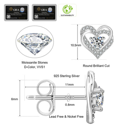 Moissanite Heart Stud Earrings – VVS1 GRA Certified Lab‑Created Diamond, 925 Sterling Silver with 14K White Gold, Hypoallergenic