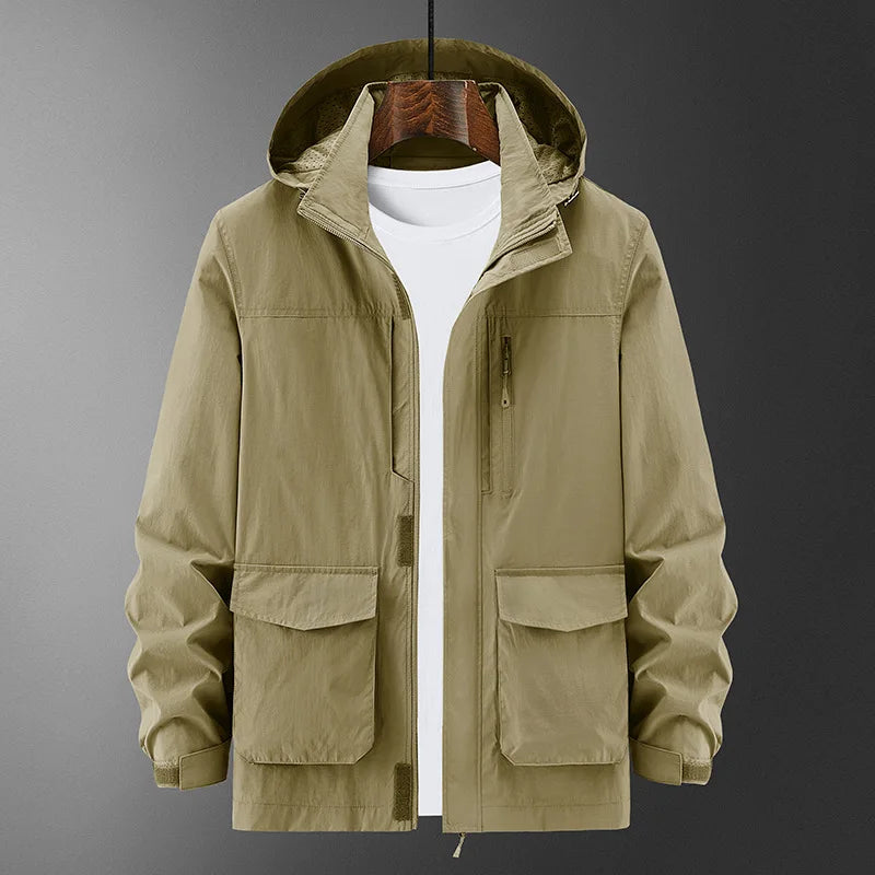 Men's Outdoor Hooded Cardigan Jacket - Lightweight Multi-Pocket Solid Color Casual Jacket Eragon