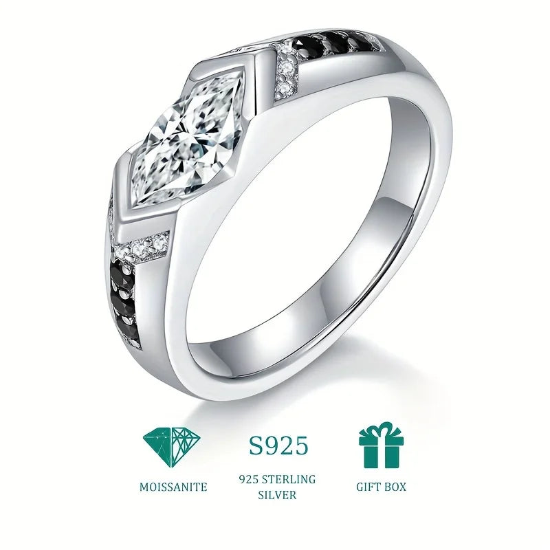 S925 Silver Marquise Rhombus Moissanite Ring – High-End Hip-Hop Style with Black and White Contrast, Perfect for Couples