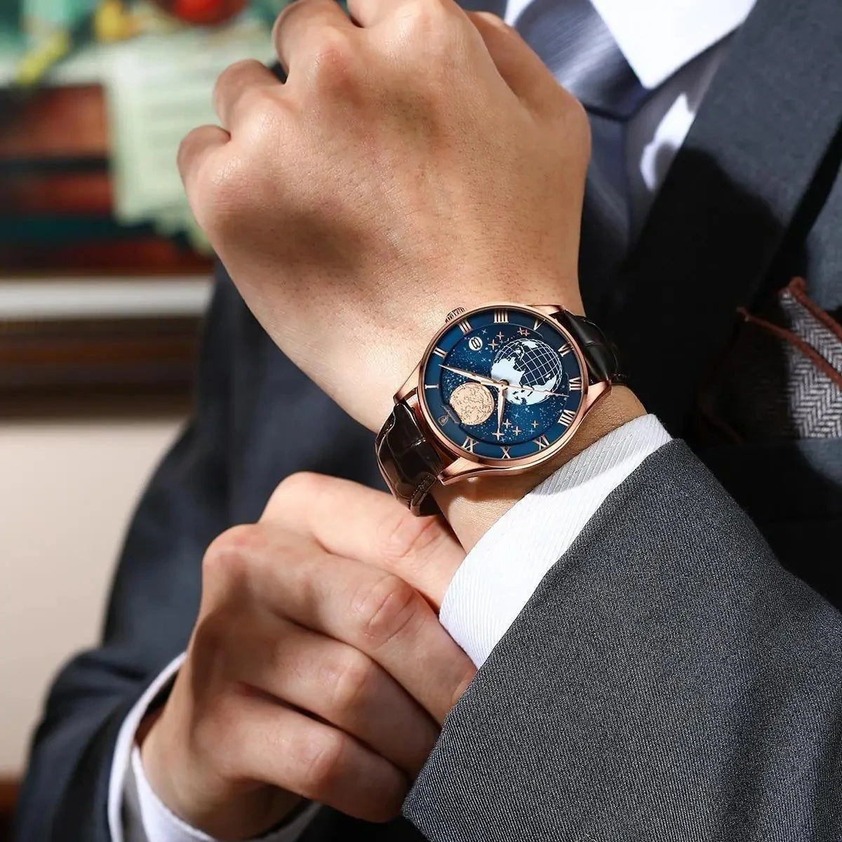 POEDAGAR 803 Men's Quartz Watch – Fashion Leather Strap Waterproof Wristwatch with Globe Dial, Automatic Calendar, and Trendy Design Nicolas