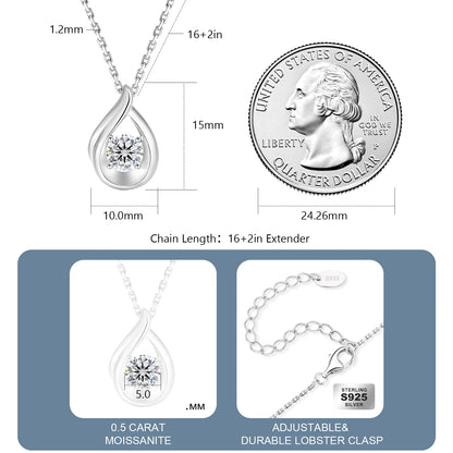 Moissanite Teardrop Pendant Necklace - 925 Sterling Silver White Gold-Plated Waterdrop Jewelry for Women