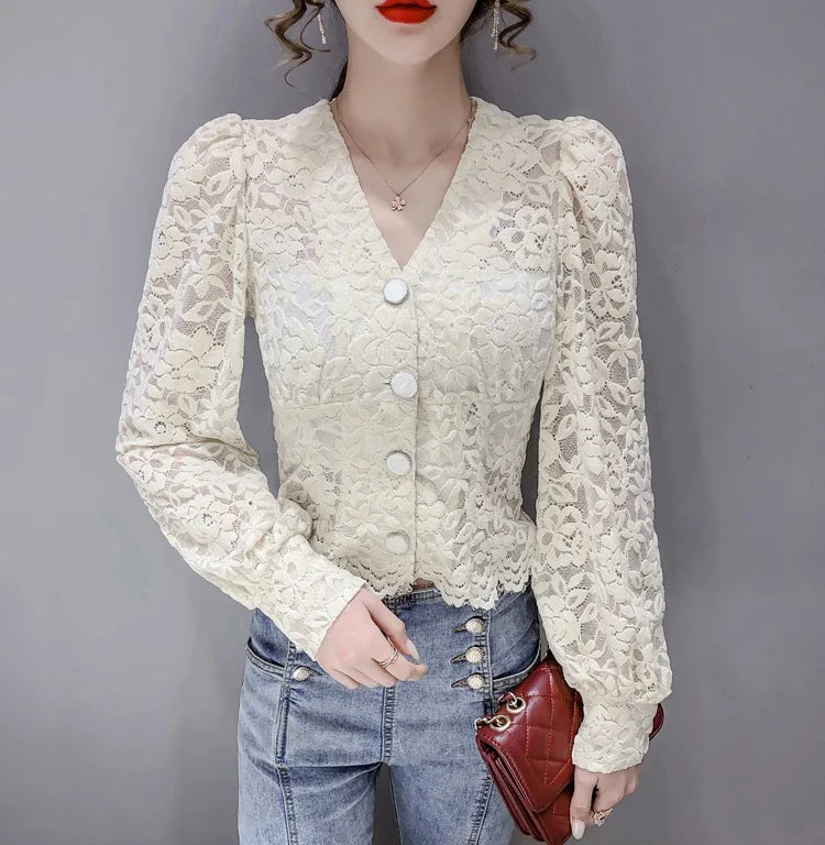 Women's Lace Shirt – Solid Color, Puff Long Sleeve, French V-Neck, Button-Down Mesh Transparent Casual Top