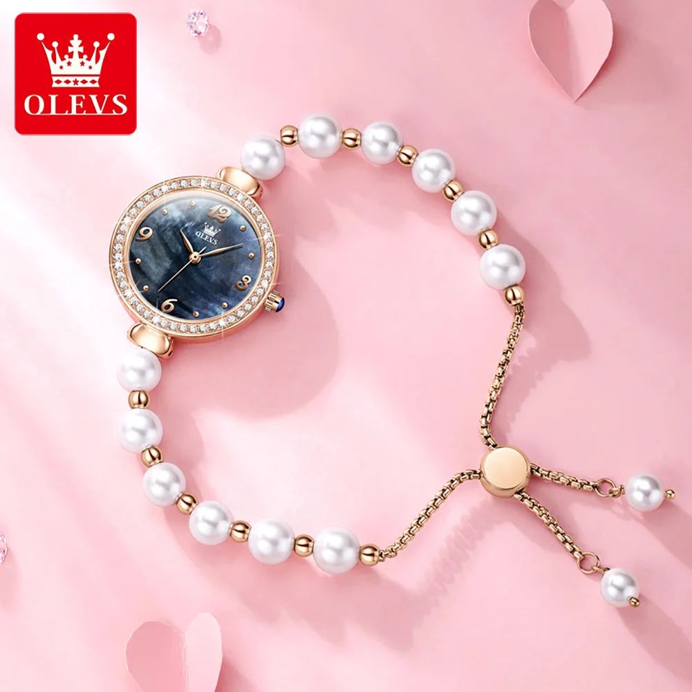 OLEVS 9968 Women's Luxury Leather Wristwatch – Quartz Bracelet Watch with Diamond Accents and Pearl Winding Mélusine