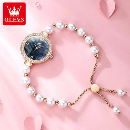 OLEVS 9968 Women's Luxury Leather Wristwatch – Quartz Bracelet Watch with Diamond Accents and Pearl Winding Mélusine