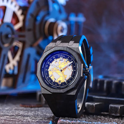 Luxury Men’s Automatic Watch – Stainless Steel Band, Waterproof Mechanical Wristwatch with Custom Earth Dial Edmund